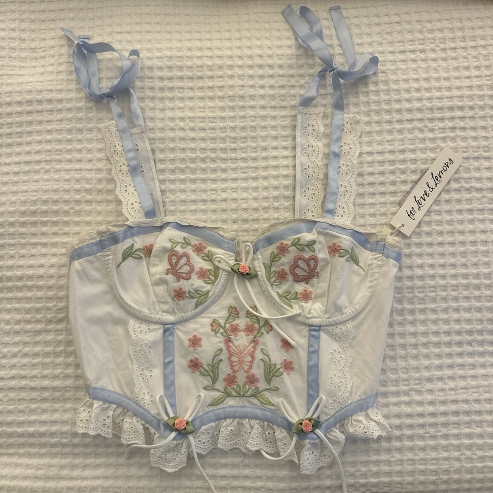 For Love and Lemons Floral Embroidered Corset Top - White and Blue